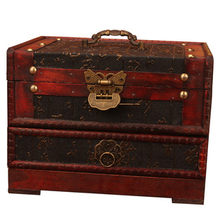 仿古木质梳妆盒带镜子带锁u复古收纳盒流苏步摇首饰盒木盒结婚礼