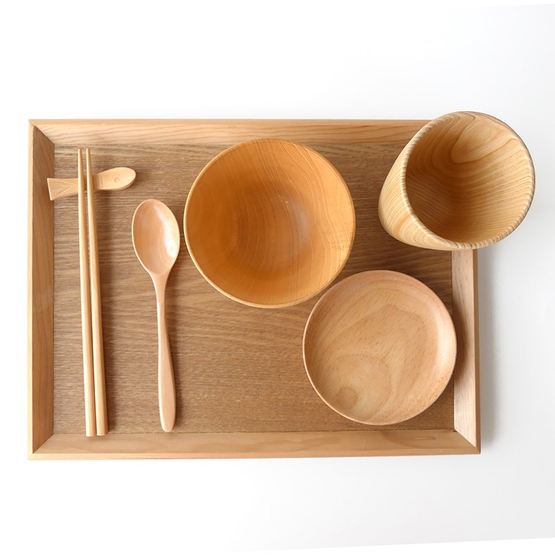日式一人食餐具七件套装 木杯木z碗木碟木勺木筷 大号木质餐盘托