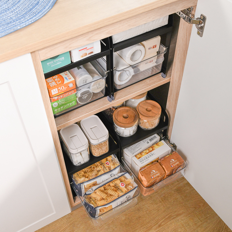 双层橱柜内抽拉收纳筐灶台下调料C干货透明储物盒厨房抽屉式置物