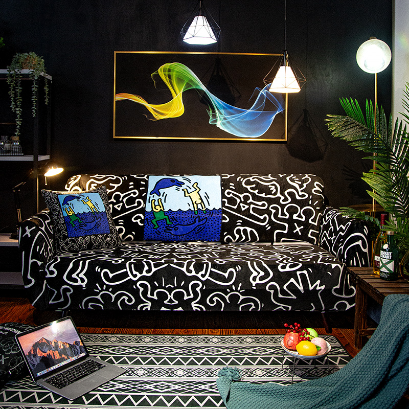 卡通手绘弹力沙i发套防滑防尘沙发全包坐垫单双人组合沙发罩全盖