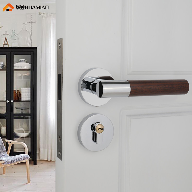 华妙木纹分体锁室内卧室房门锁银色实木把手锁磁吸静音卫生间门锁