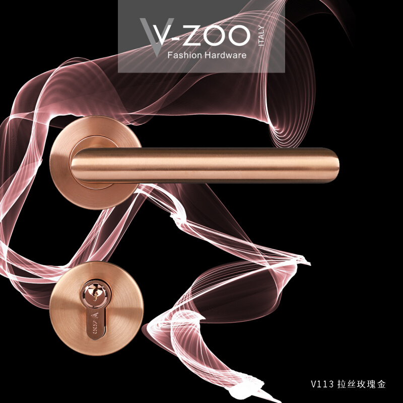 vzoo304不锈钢卧室门锁拉丝玫瑰金房门把手金色室内静音木门拉手