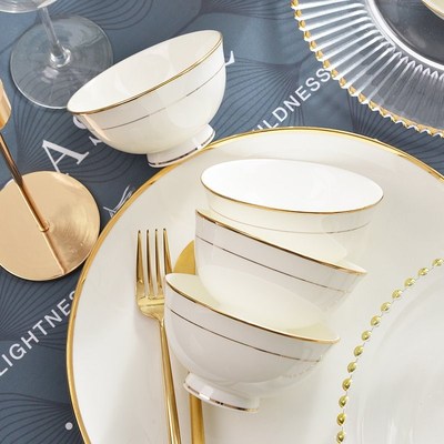 金边碗四只装高脚碗5英寸家用二大碗6英寸骨瓷碗欧式碗陶瓷小汤碗