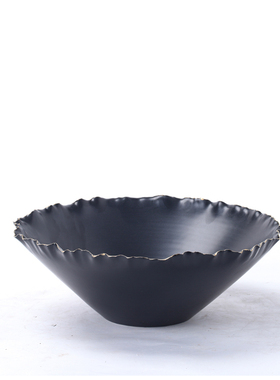 现代简约白色金边陶瓷p果盘摆件新中式样板房软装黑色花瓶花盆饰