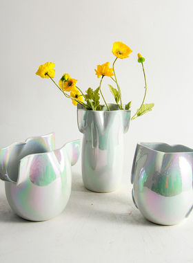 现代简约电镀七彩陶瓷花器t摆件样板间酒店客厅茶几餐桌花瓶装饰