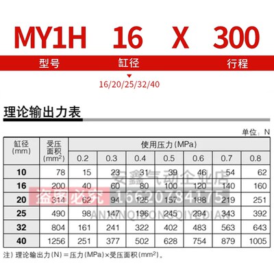 气缸MY1H16G MY1H16-100-150-2x00-250-300-350-400-450-500 L H