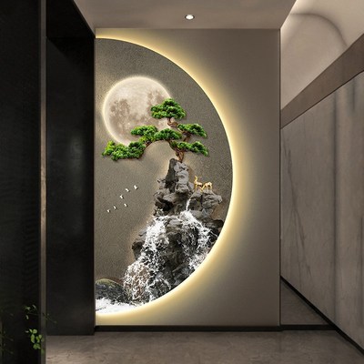 迎客松入户玄关装饰画新中式山水画半圆ledN灯画客厅茶室挂画壁灯
