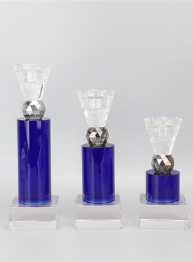 现代简约家居样板间房透明蓝色水晶烛台摆件P售楼部餐厅桌装饰品