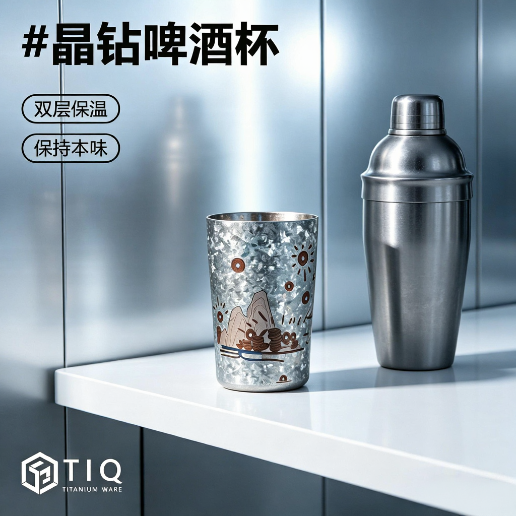 纯钛啤酒杯双层保温杯便携水杯保冷杯冰冷饮杯双层冰镇杯高级钛杯