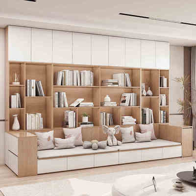 定制ENF级实木沙发书柜一体带卡座去客厅化大书橱整墙家用欧松板