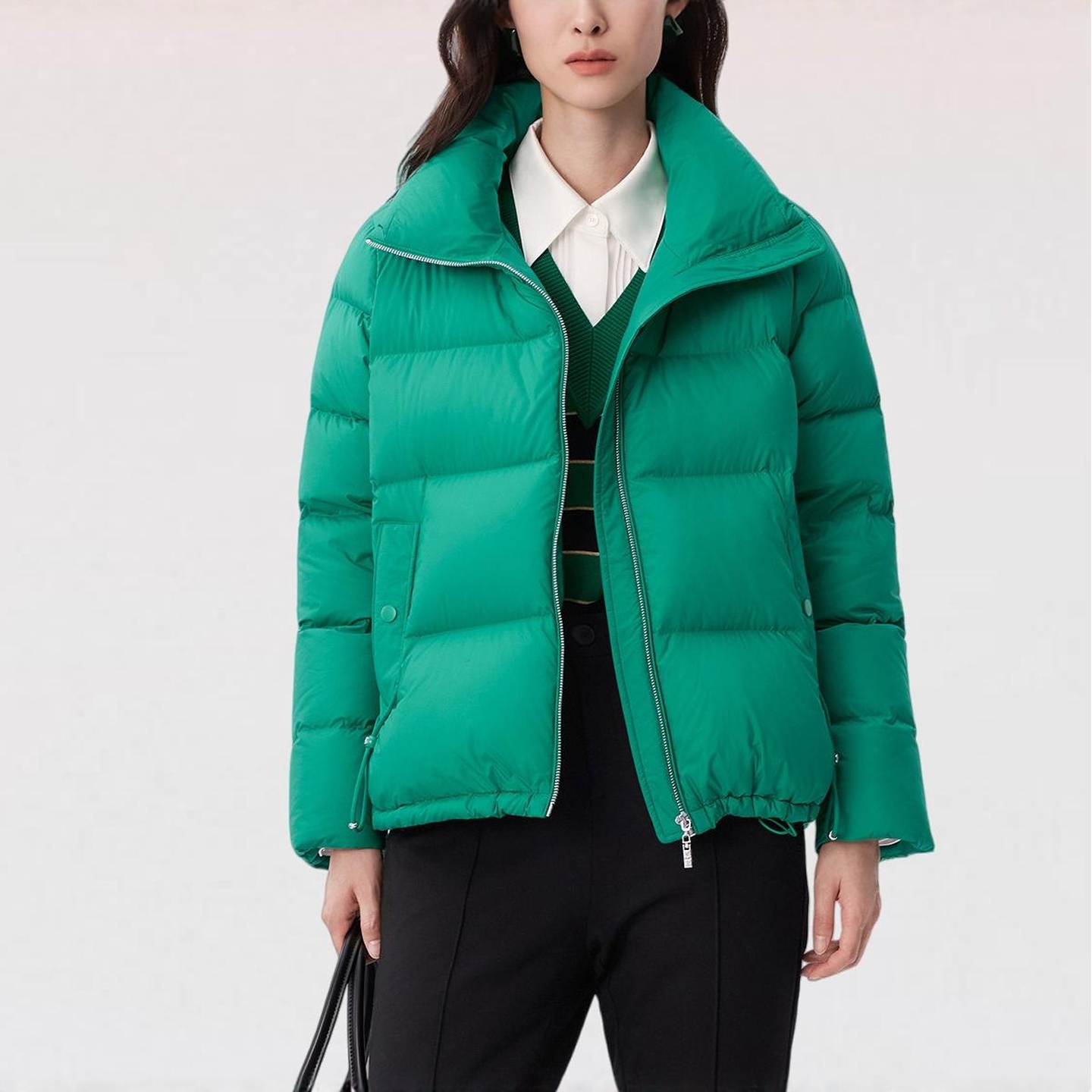 奈通勤风直筒短款女2025冬新款90鹅绒翠绿色长羽绒服蓬松保暖外套