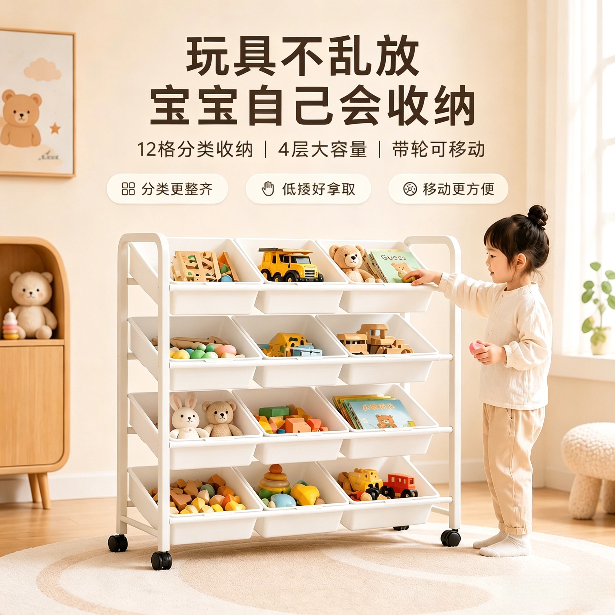 儿童玩具收纳架置物架多层客厅玩具书架二合一收纳推车幼儿园收纳