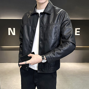 男士翻领皮衣休闲春秋季皮夹克2024新款青年潮流修身机车PU皮外套
