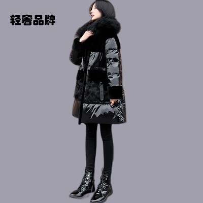 2025新款女装冬季宽松中长款羽绒服女拼接黑色亮面白鸭绒外套加厚