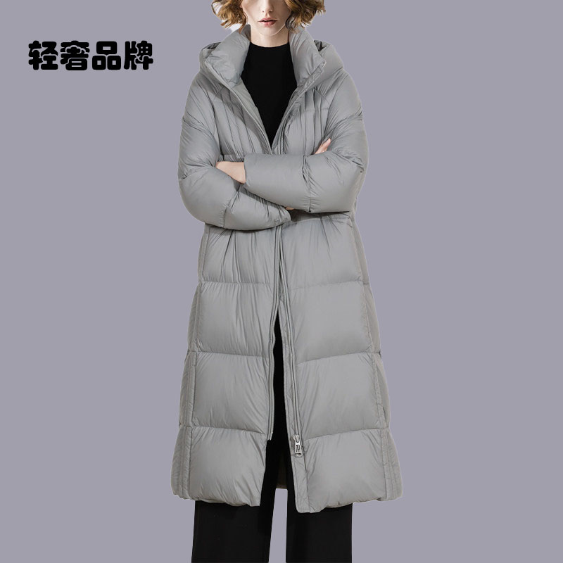 朗姿约定直筒版中长款羽绒服女2026冬季新款灰色连帽白鸭绒外套