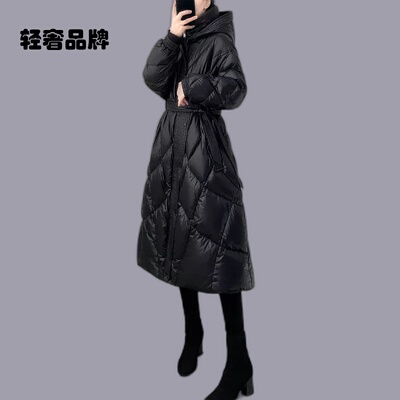 2025新款女装冬季修身中长款羽绒服女黑色亮面过膝白鸭绒外套加厚
