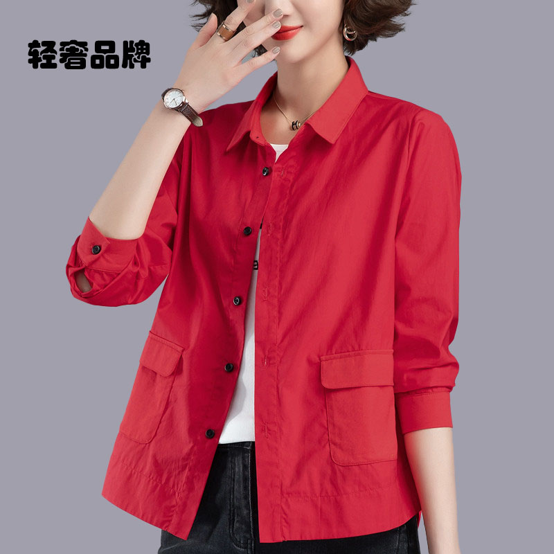 朗姿约定纯棉女士短外套春秋装2026新款中年妈妈薄款夹克宽松衬衫图片