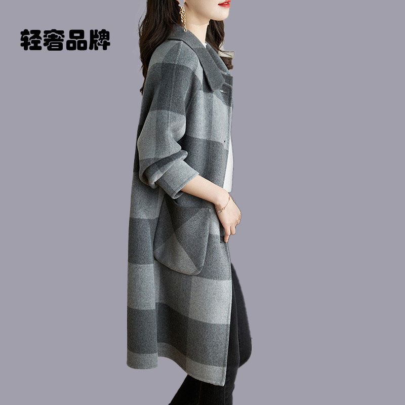 朗姿约定2026秋冬季新款双面绒大衣女千鸟格羊毛呢子外套中长款