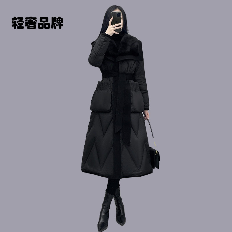 朗姿约定羽绒服女2026新款冬季收腰大毛领长款过膝白鸭绒外套大衣