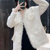 法式 名媛宽松百搭仿貂绒流苏格子外套女秋冬新款 高级感针织上衣女