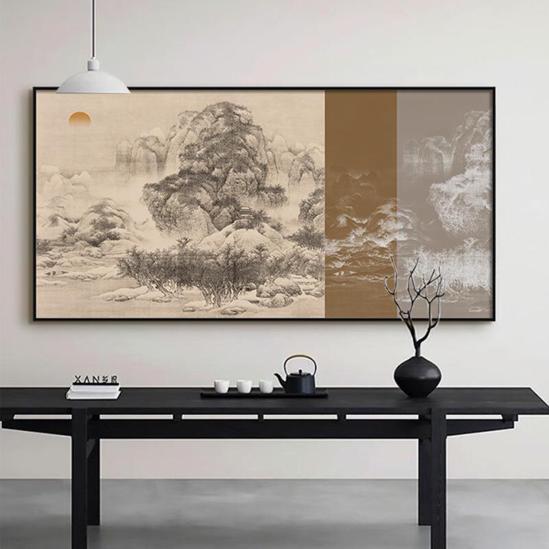 新中式大气山水客厅装饰画大尺寸茶室酒店餐厅画横版建筑挂画