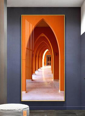 玄关装饰画竖版走廊过道挂画延伸空间简约现代轻奢壁画橙色样板房