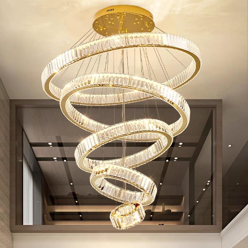 新款复式楼别墅客厅大简约现代轻奢水晶灯具公寓挑空楼梯灯长吊灯