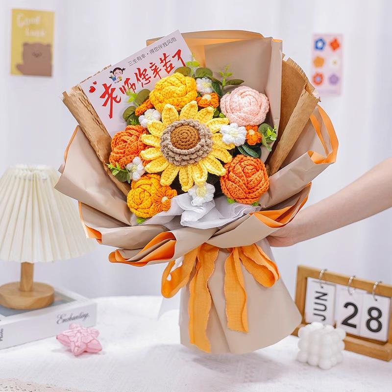 中高考毕业感谢老师仿真向日葵混搭花束手工编织毛线花送教师