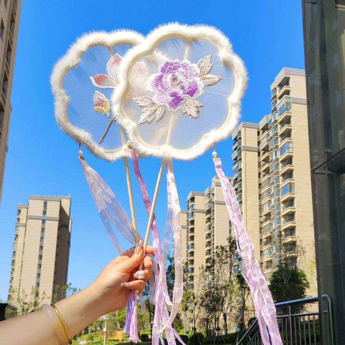 中国风冬季加毛古风扇子10把儿童舞蹈扇女童古装汉服拍照跳舞道具