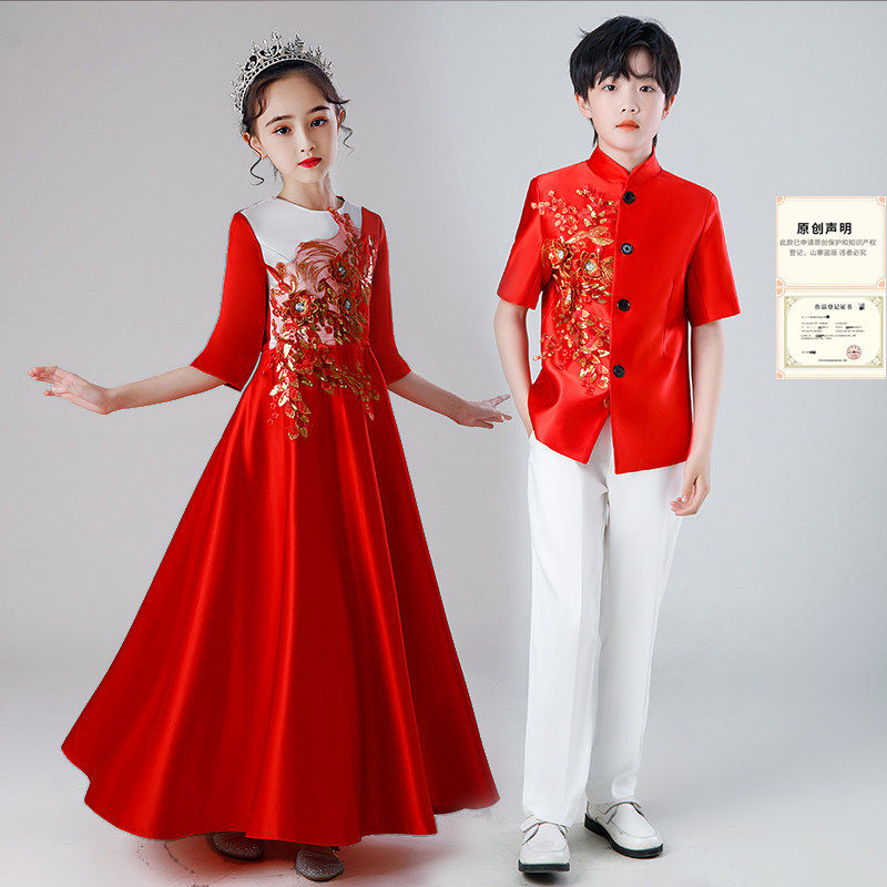 红色中大童男童民国中山装中国风女童钢琴演出大合唱表演朗诵礼服