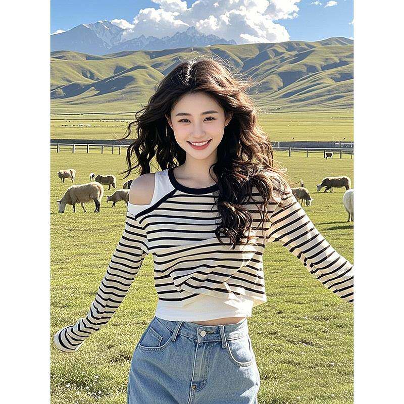 2025新款高级感露肩设计条纹假两件长袖t恤女秋季打底衫内搭上衣