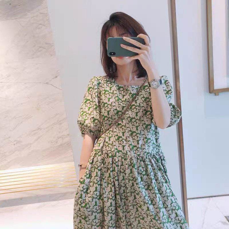 欧洲站2025新款宽松遮肚显瘦长裙子高级感泡泡袖碎花连衣裙夏季女
