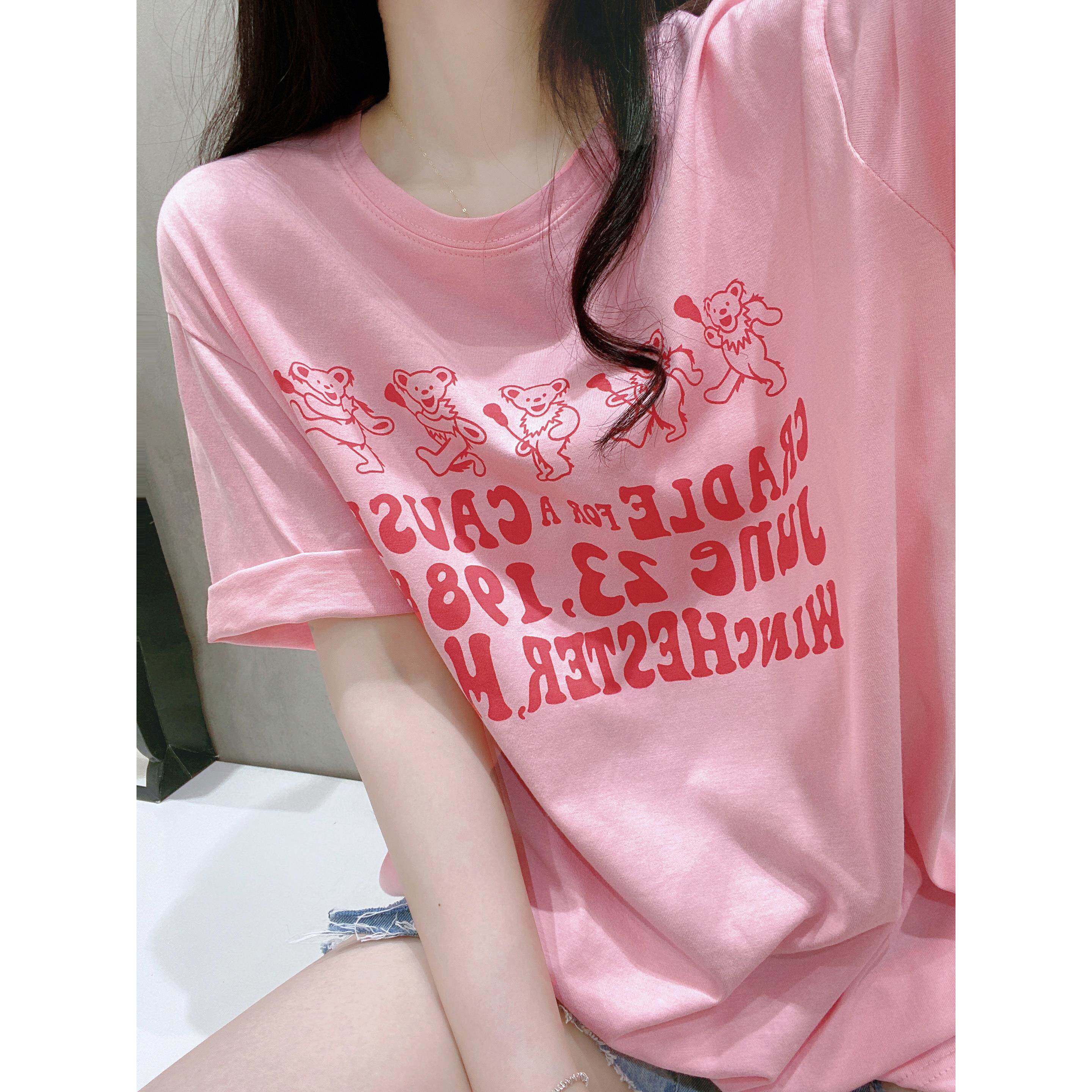 圆领字母印花粉色t恤女夏季新款韩版宽松上衣纯棉糖果色小众短袖