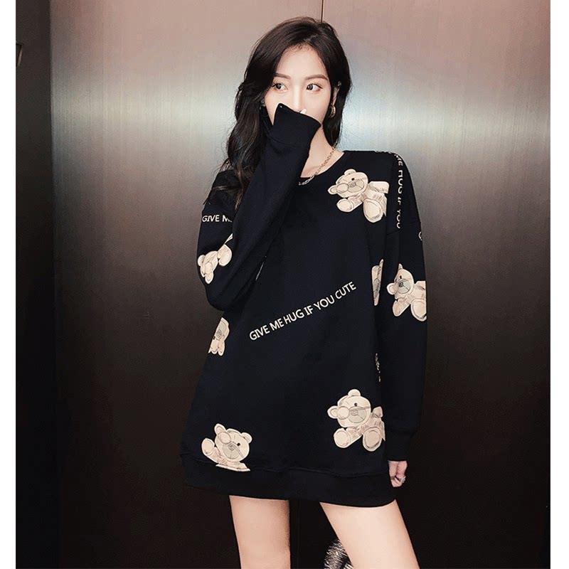 韩国2026春秋新小熊厚棉T女长袖印花T恤中长版大尺码情侣男外套上