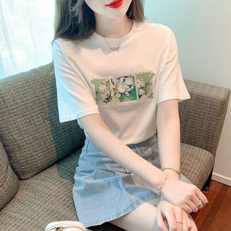 韩国短袖T恤女夏季新款设计感小众印花白色上衣圆领宽松休闲体恤
