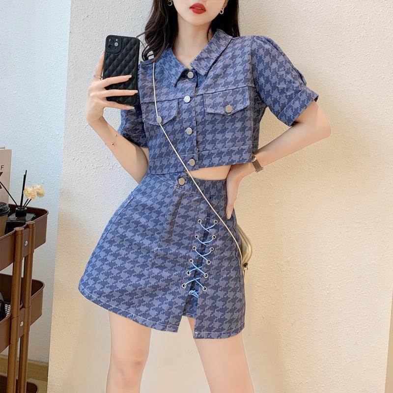专柜千鸟格短裙牛仔套装女2026夏季新款小个子洋气短袖上衣两件套