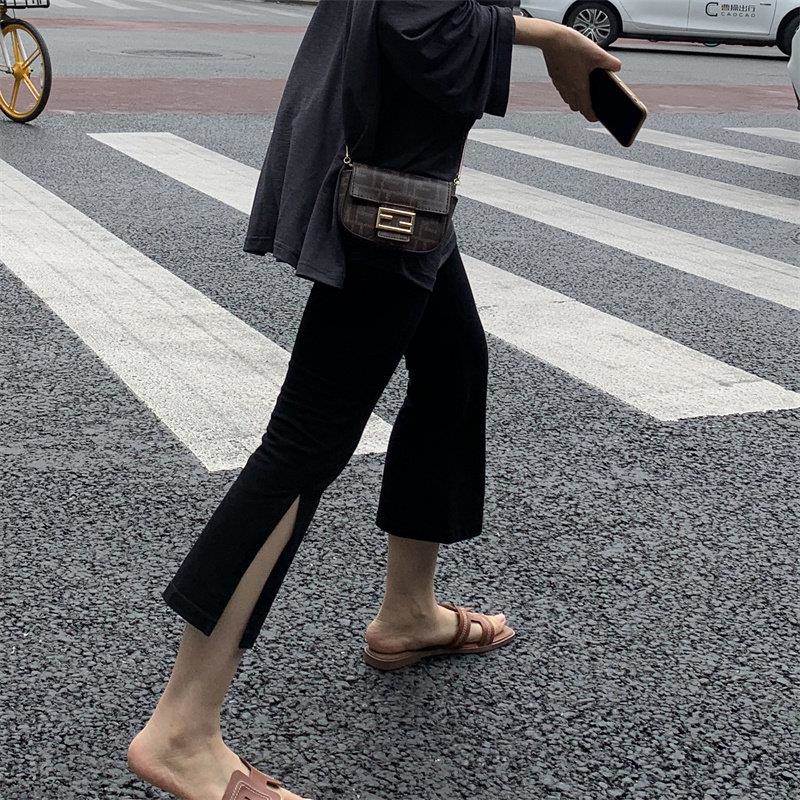 韩国大码七分休闲裤 黑色开叉显瘦 胖妹妹小个子专用 WONJOY