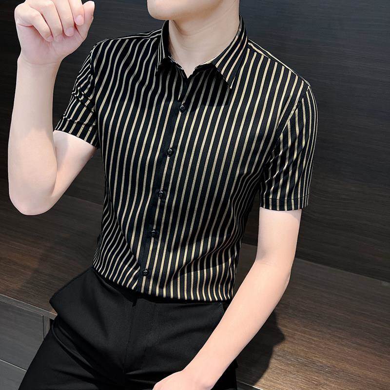 皮尔卡丹条纹短袖衬衫男士2025夏季新款商务休闲潮流衬衣夏天寸衫