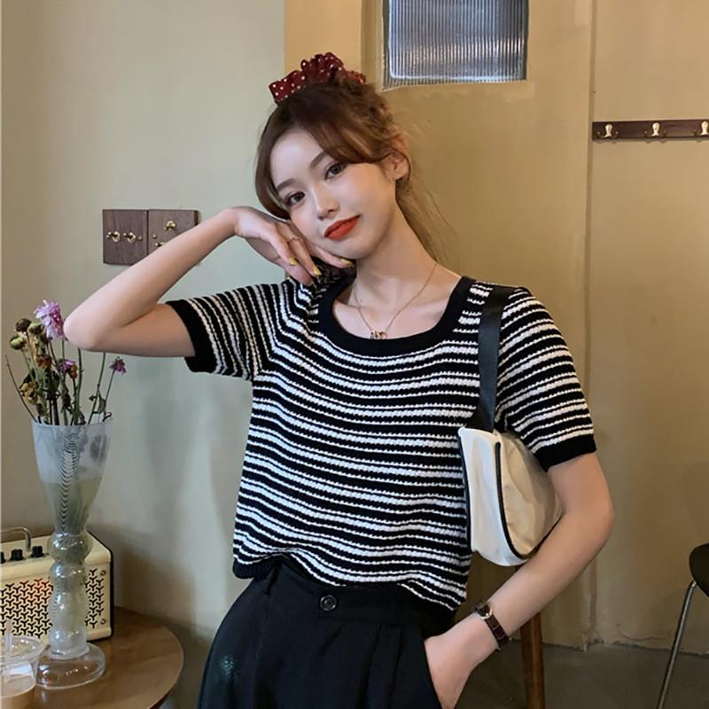 黑白条纹针织衫T恤女短款短袖上衣夏季2025新款高腰韩版宽松ins潮