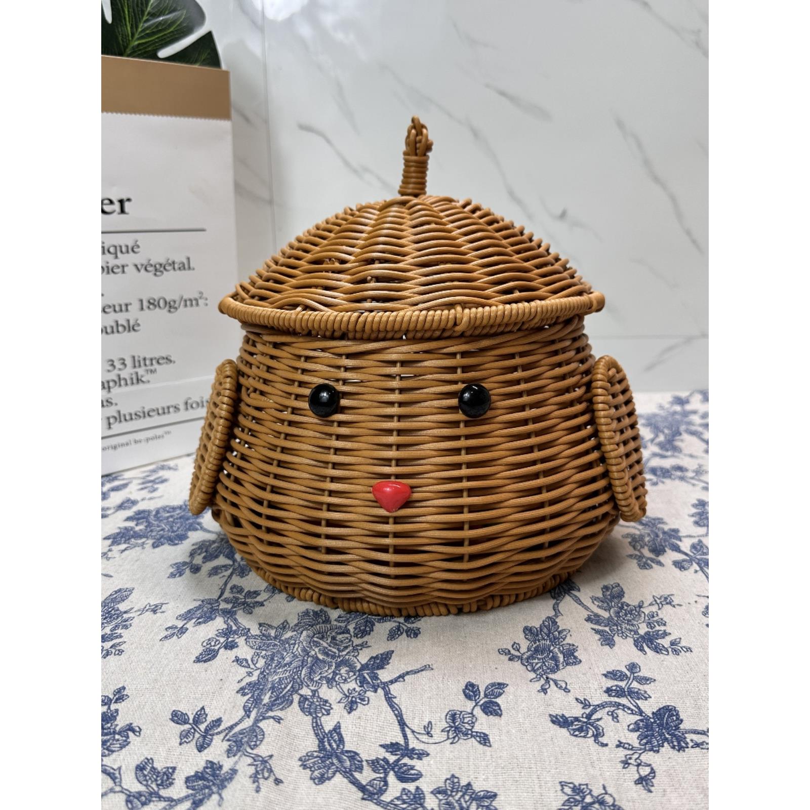 动物可爱客厅零食手工篮子水果编织藤编带盖创意家用圆形收纳篮