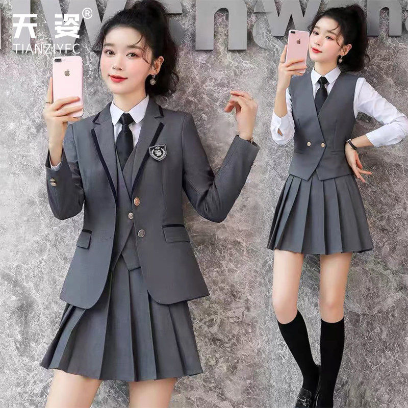 洋气西装套装女百褶裙职业学院风外套老师马甲套装英伦风团体服装