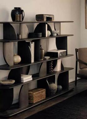 实木书架黑色落地侘寂博古架北欧书柜展示柜客厅多宝格屏风隔断