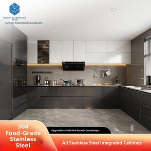 北京厨柜定制304整体不锈钢防刮花实心台面橱柜蜂窝铝双层不锈钢