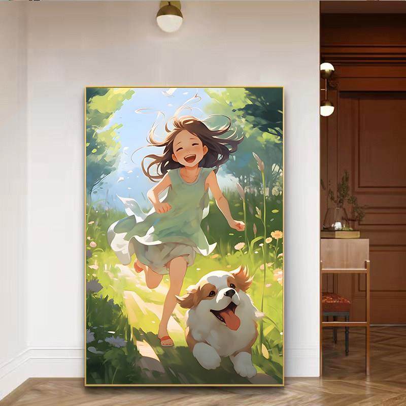 女孩狗狗治愈系卡通装饰画小清新玄关儿童房间玄关挂画女孩床头画,家居饰品,现代装饰画,淘宝优惠券,粉丝福利购,淘宝优惠卷