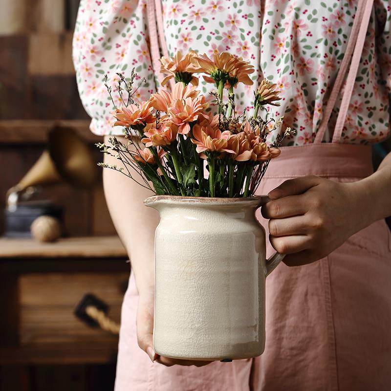 灰色小花壶瓶陶瓷民宿客栈艺术花瓶摆件客厅插花复古田园绿植干花