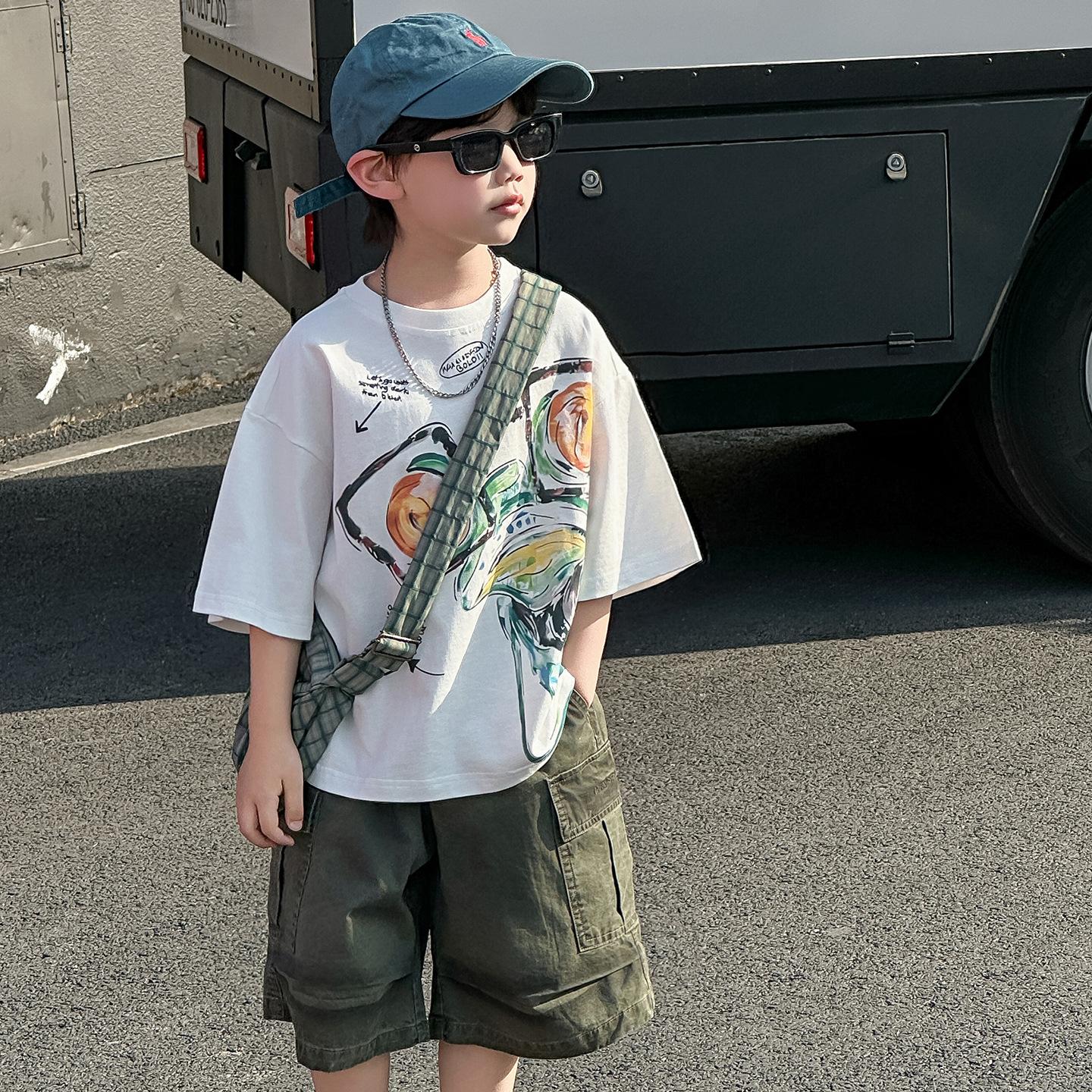 男童夏季短袖套装儿童夏款韩版2025新款卡通工装五分裤运动童装