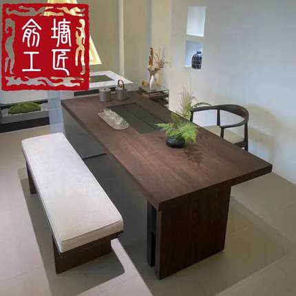 新中式全实木茶桌黑胡桃木轻奢简约办公家用泡茶台禅意茶室侘寂风