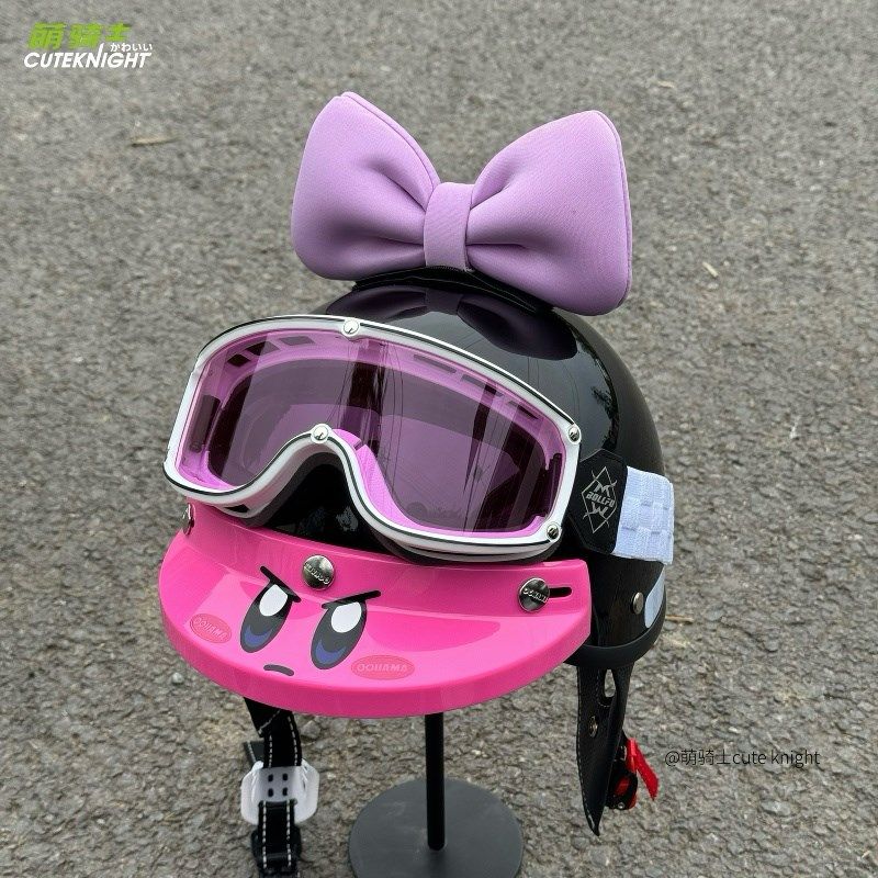 粉色卡比复古摩托车双认证头盔男女半盔网红紫色风镜蝴蝶结小盔体