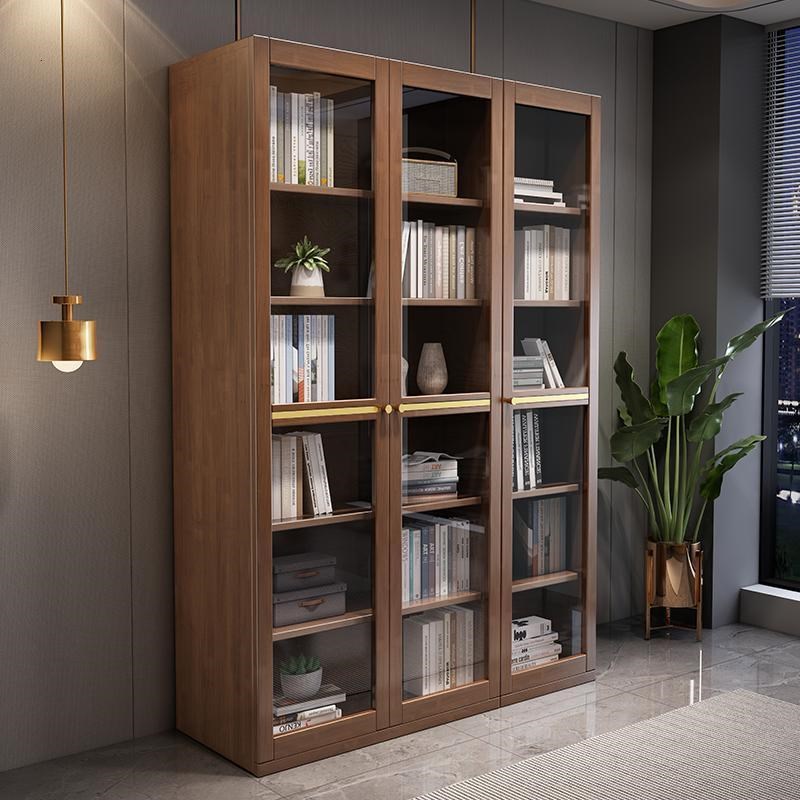 全实木书柜带f玻璃门三门现代简约书架储物柜防尘书橱办公室文件