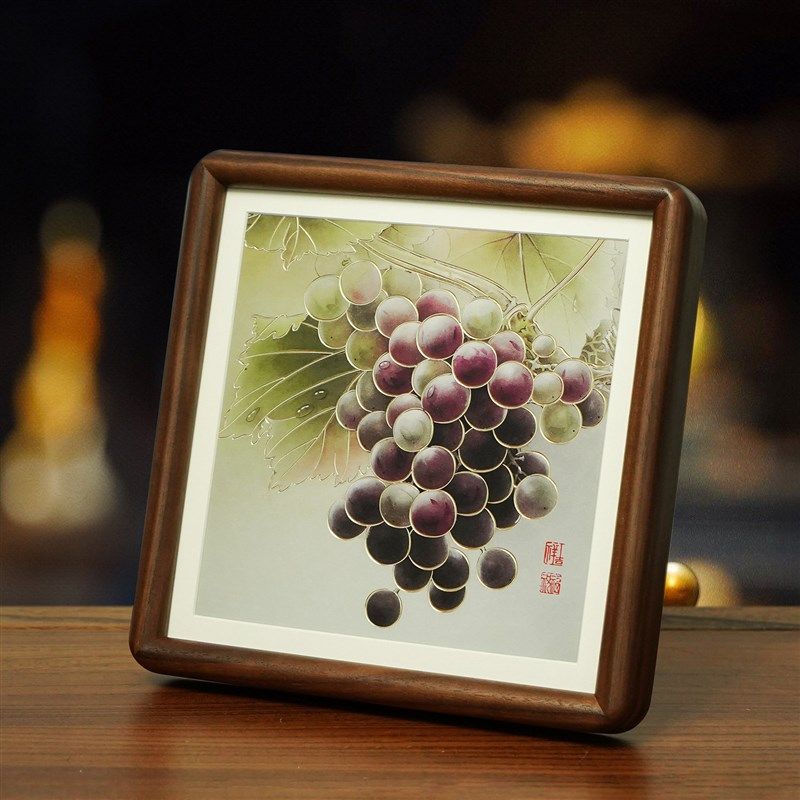 非遗手工《紫韵流光》铜雕桌面小摆台装饰画卧室相框葡萄摆件礼物